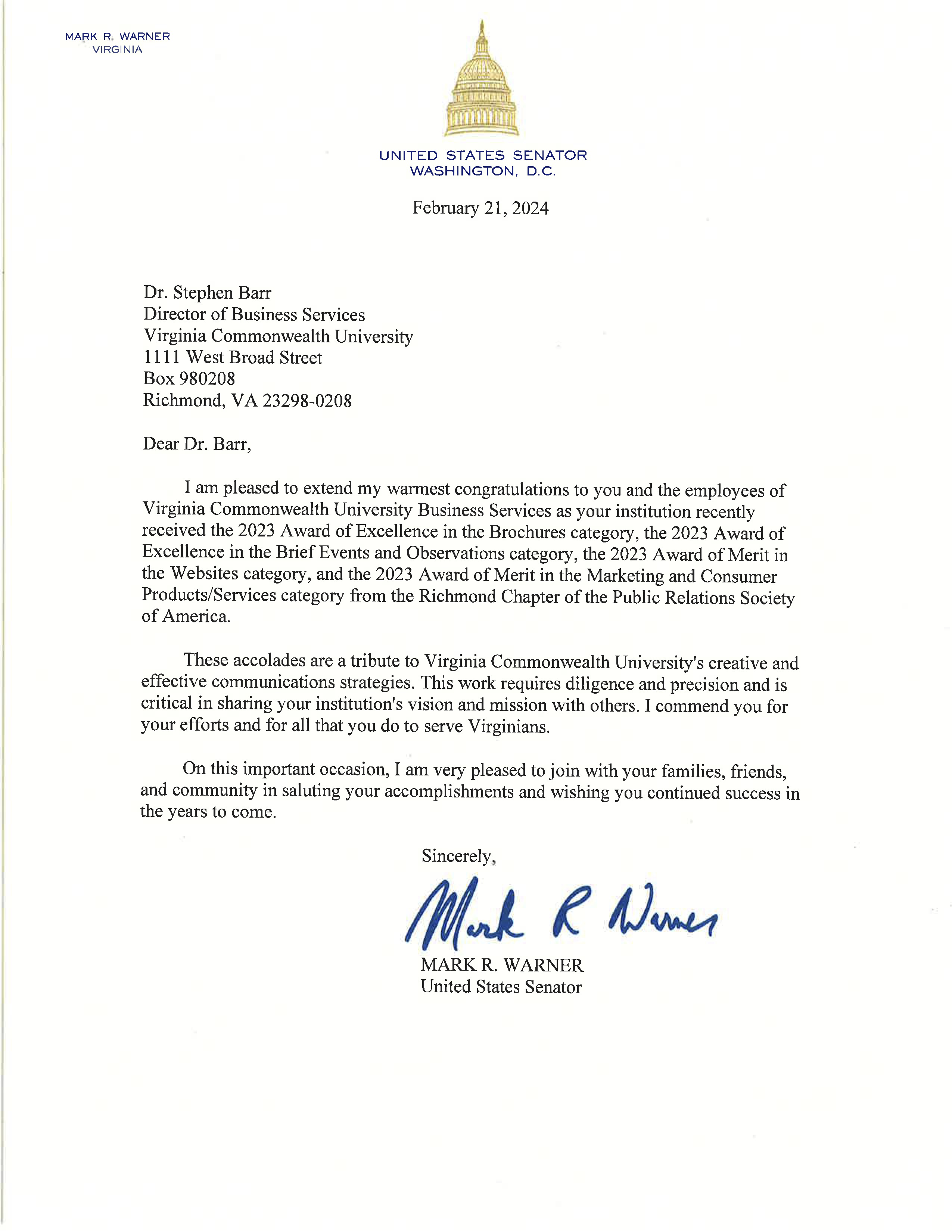 Senator Warner Letter
