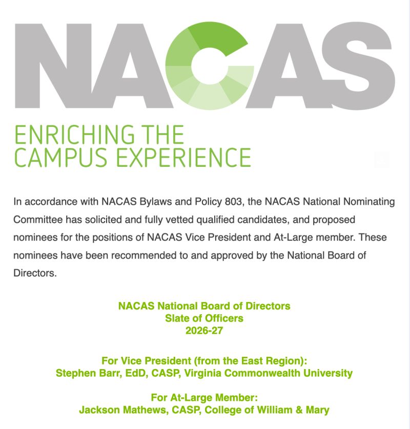 NACAS 2026–27 National Board of Directors slate naming Stephen Barr as the vice president nominee